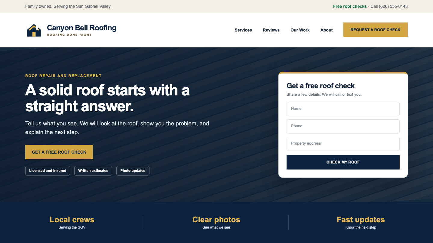 A fictional Canyon Bell Roofing website built by BookedSolid