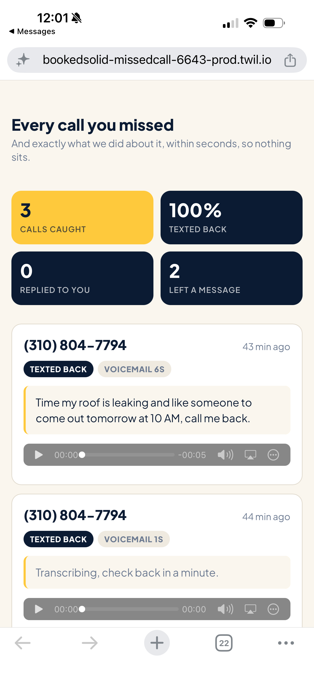 The real BookedSolid missed-call page showing one call